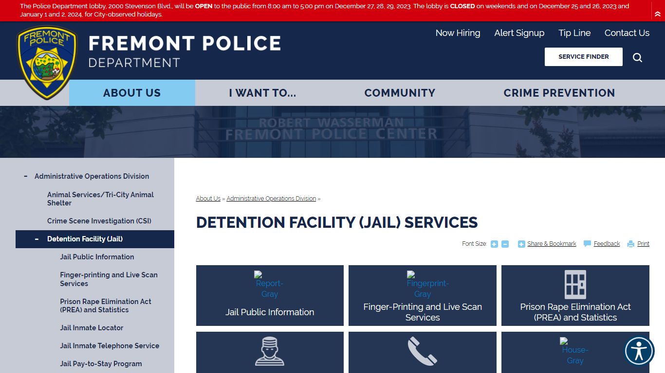 Detention Facility (Jail) Services | Fremont Police Department, CA