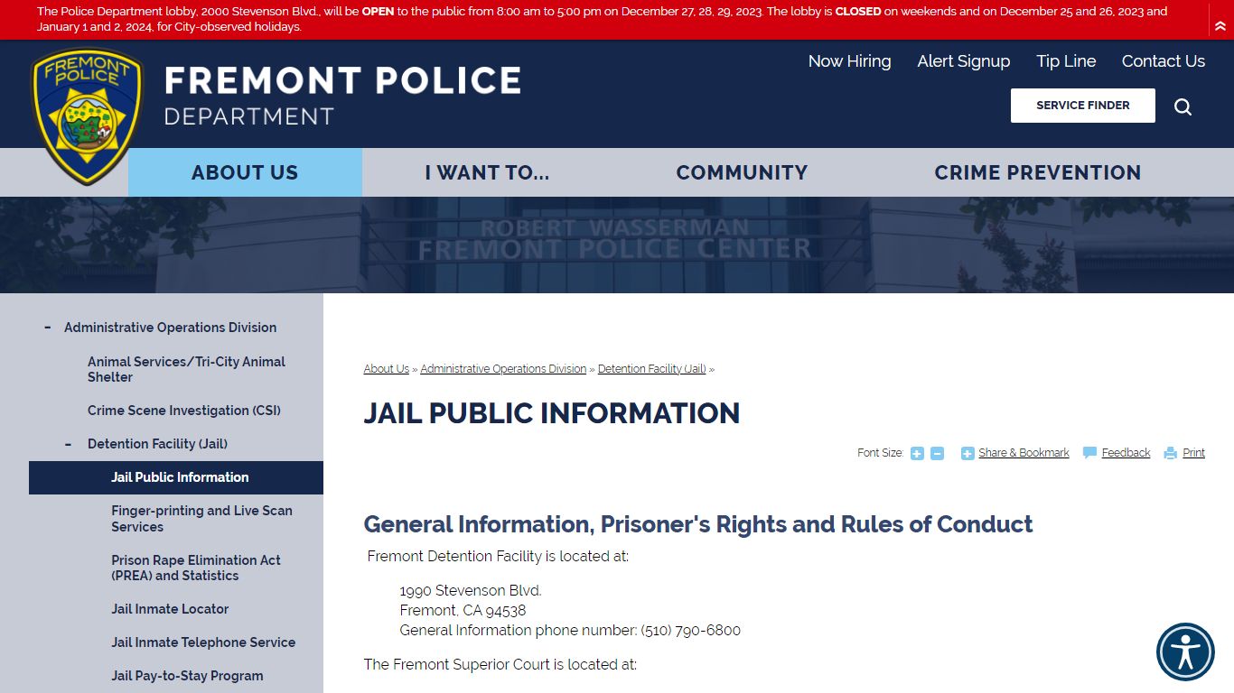 Jail Public Information | Fremont Police Department, CA