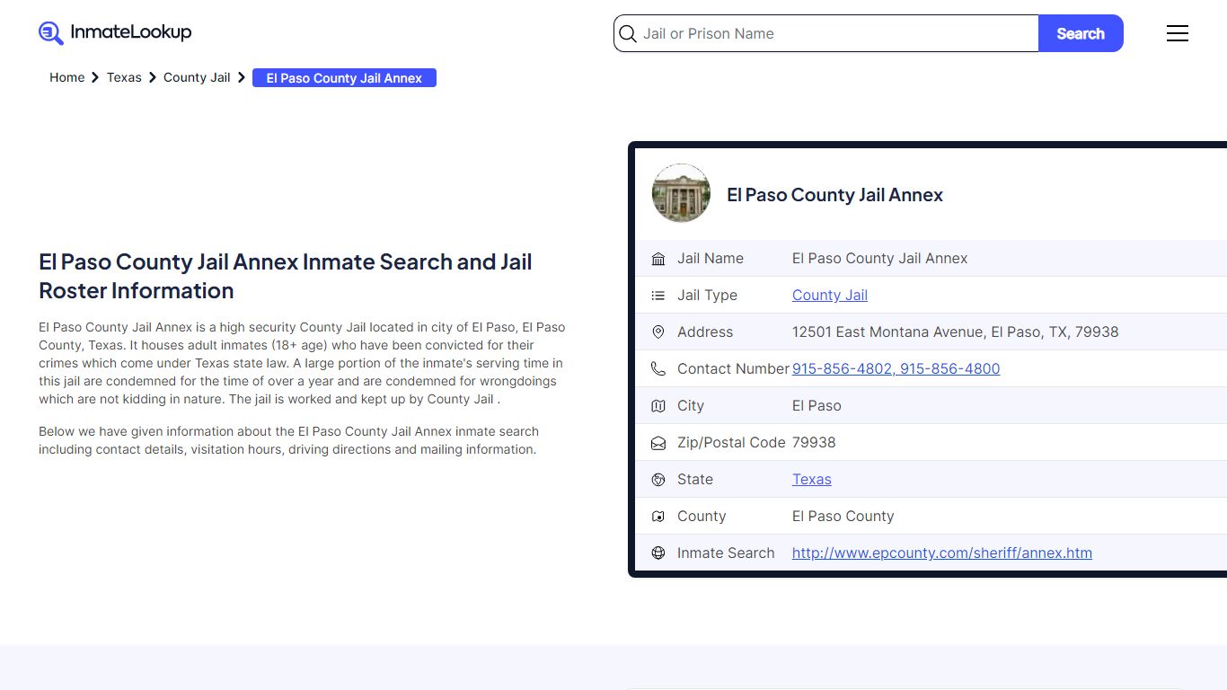 El Paso County Jail Annex Inmate Search and Jail Roster Information